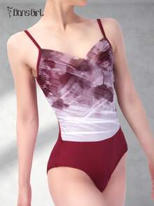 DonsGirl 1pc Women's Romantic Floral Print Mesh Ballet Bodysuit, Ruched V-Neck Spaghetti Strap One-Piece, Suitable For Dance Performance And Daily Wear - Burgundy - View 11