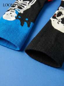 2 Pares de Meias Unissex de Cano Médio com Estampa de Esqueleto Completo em Contraste de Cores para Halloween, Absorventes de Suor, Anti-Odor, Antiderrapantes, Resistentes ao Desgaste, Base Preta com Contraste de Azul e Laranja, Estilo Casual de Subcultura Sombria, Adequadas para Fantasias de Halloween, Estilo de Subcultura de Rua, Presente Divertido com Tema de Terror - Multicolorido - Visão 4