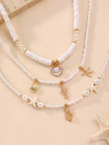 3pcs/Set Bohemian Ocean Style Starfish Shell Pendant Necklace Set, Teen Daily Vacation Accessory - Multicolor - View 3