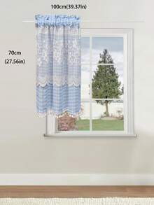 1pc Plaid Pattern Kitchen Short Curtain With Lace Trim And Pom Pom Decoration, Rod Pocket Top (Curtain Rod Not Included) Cabinet Curtain, American Country Pastoral Style Half Curtain, Suitable For Kitchen, Cafe, Bedroom And Other Decor - Blue - View 10