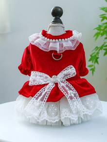 PETCIRCLE 1pc Pet Clothes Small Dog Puppy Spring Autumn Cute Pet Multi-Layer Tulle Tutu Dress Bow Velvet Formal Dress - Red - Red - View 10