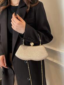 Premium Evening Clutch Bag With Pearl Clasp Design, Handheld And Crossbody Dual-Use Party Bag - Gold - View 8