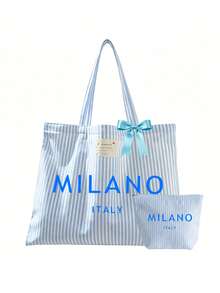 「Milan」字母印花復古條紋帆布托特包,附緞帶,化妝包,女款大容量條紋單肩包,可重複使用購物袋,休閒手提包,文具袋,學生鉛筆盒,內部寬敞輕巧耐用,適用於旅行、工作、上學、海灘、買菜、購物、週末出遊,開口設計方便使用,可水洗托特包,適合女性、媽媽、女孩的完美禮物,畢節紀念品,教師節禮物,節日、開學、生日、開學季、畢業季 - 彩色 - 查看 19