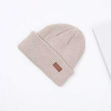 3 piezas / 1 pieza Gorro de punto unisex de unicolor con etiqueta de cuero, versátil y cálido, protección para las orejas, estilo minimalista, etiqueta pequeña, protección contra el frío, estilo japonés, versión coreana, otoño/invierno - Multicolor - Ver 10