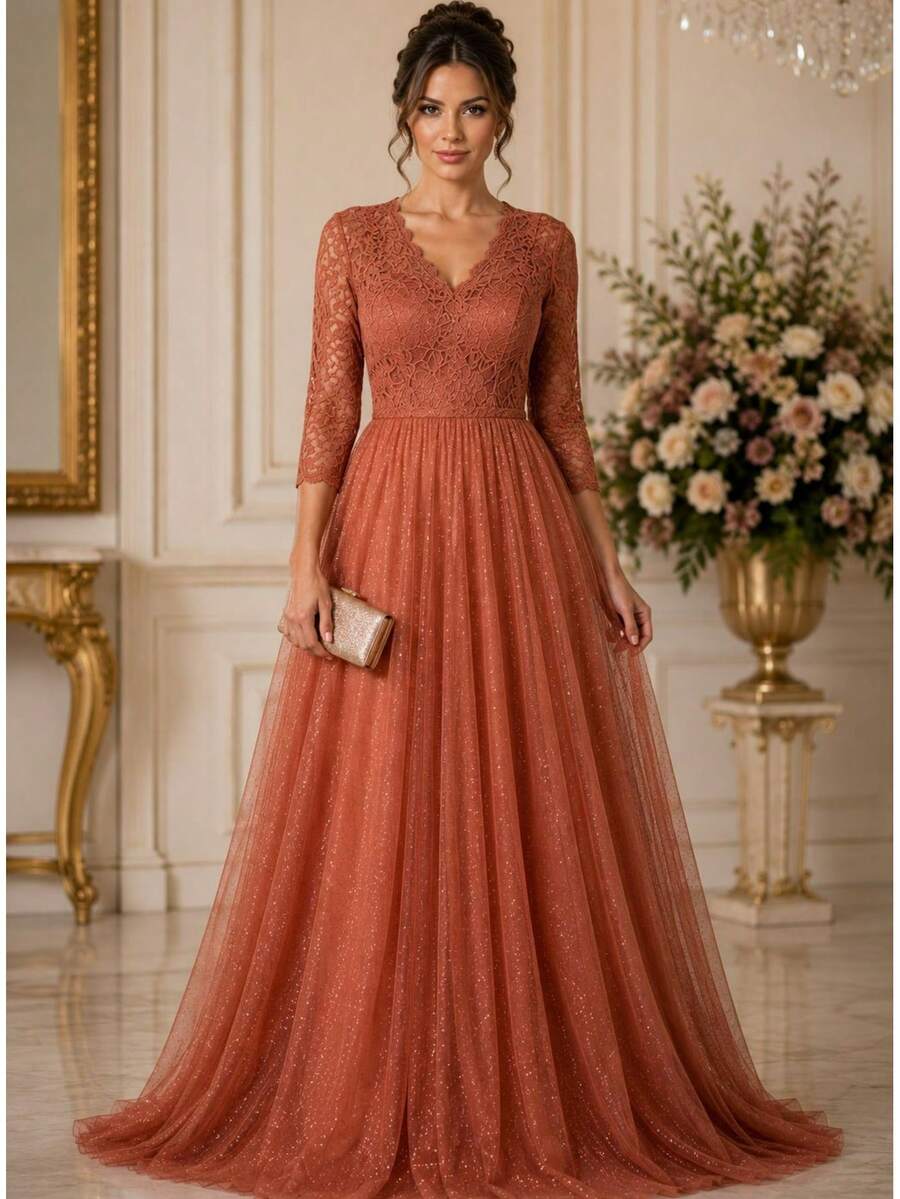 Evangelical Mother Of The Bride Dress, Discreet, LONG Sleeve, Olive, Navy, Rose, Marsala, Royal, Terracotta, Lilac, Serenity, Tifany Blue Or Petrol - 亮橙色 - 查看 1