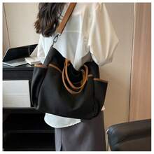 Shopping Bag With Contrast Trim, Casual Multi-Pocket Bag For Graduates, Teenage Girls, Freshmen, - 黑色 - 查看 3