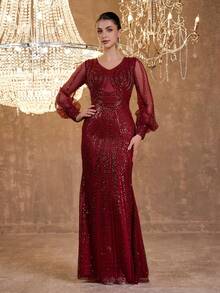 Women's Charming Red Long Formal Gown, Embroidered Bishop Sleeves And V-Neck Design, Perfect For Evening Parties And Balls - Burgundy - View 3