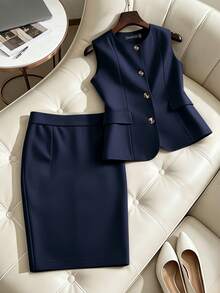 HOMEYEE Setelan Rompi Tanpa Lengan Kancing Elegan dan Rok Slim Fit untuk Wanita, Pilihan Sempurna untuk Pakaian Bisnis dan Profesional, Setelan 2 Potong untuk Musim Gugur - Navy Blue - View 7
