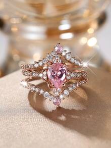Juego de 3 anillos con circonita cúbica en forma de pera, juego de anillos apilables para mujer, anillos de boda, anillos de compromiso - Oro rosa + rosa - Ver 4
