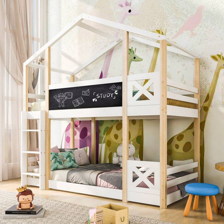 Cama infantil tipo casa del árbol Flieks con escalera, 90 x 200 cm, cama alta para niños – Base de 2 láminas – Natural y blanco - Blanco - Ver 1