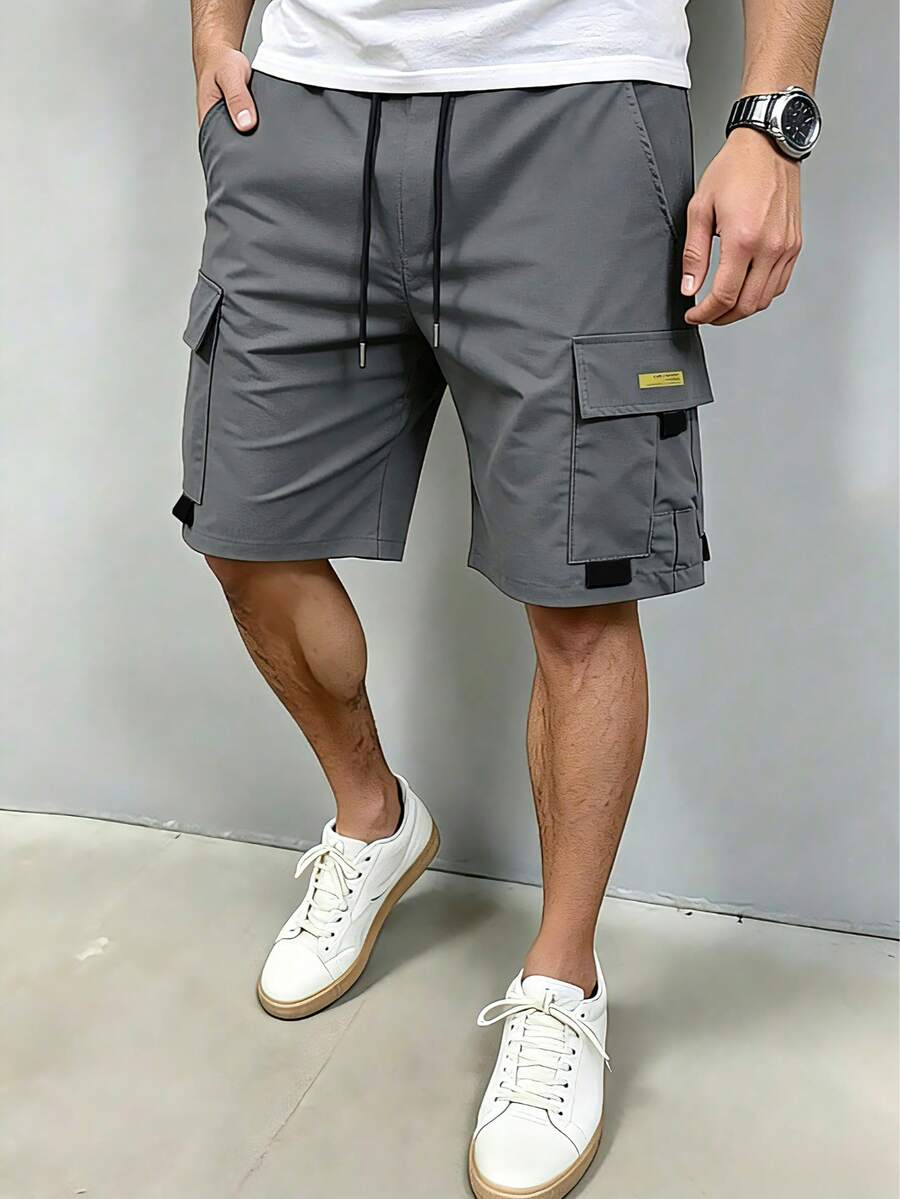 男士戶外運動工裝短褲,抽繩腰頭附口袋,休閒時尚款 - 灰色 - 查看 1
