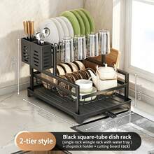 1 pieza Escurridor de platos, escurridor de platos ahorra espacio, escurridor de platos para encimera de cocina, escurridor de platos de acero inoxidable con soporte para utensilios, adecuado para tazones, platos, cuchillos, cucharas y tenedores - Negro - Ver 25