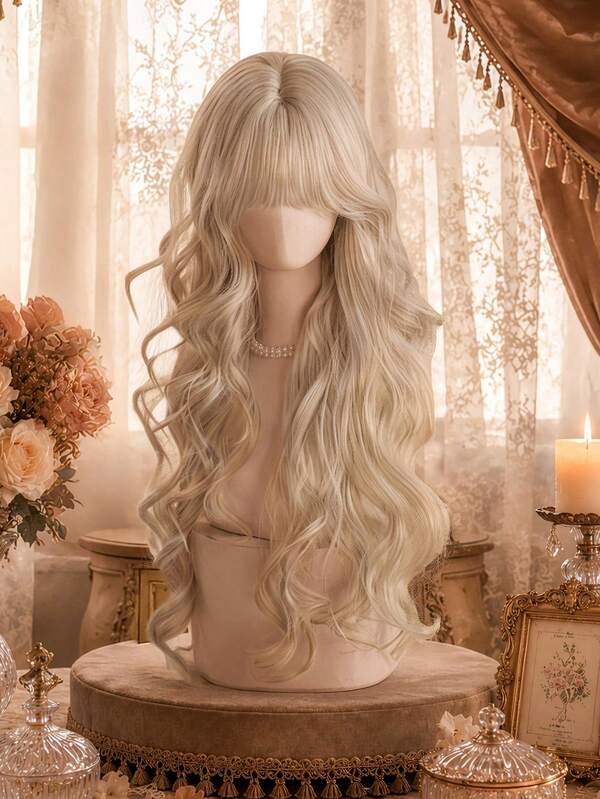 alicegarden 30-Inch Long Synthetic Wig Featuring A Natural Wavy Style In A A Stunning Gold. Designed With Bangs , This False Hairpiece Is Perfect For Ms Daily Party Cosplay Use, Offering A Natural And Natural Durable Wig Gift For Ladies.