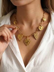 Collar con colgante del Sagrado Corazón de acero inoxidable, cadena de eslabones de clip de papel chapada en oro de 18K con múltiples colgantes de corazón, joyería religiosa para mujeres - Dorado - Ver 8