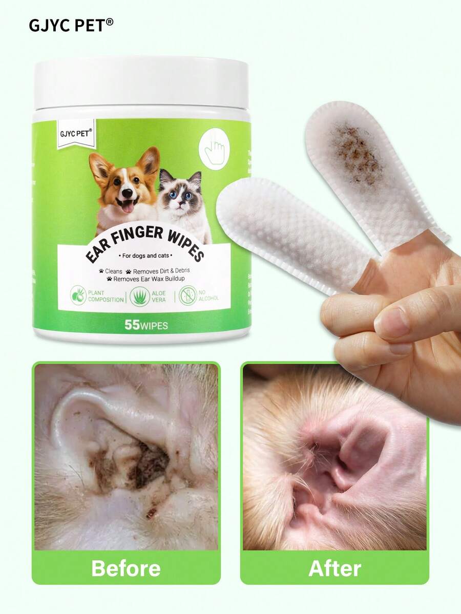 GJYC PET 55片大容量寵物耳拭紙，適用於狗和貓，溫和，適合敏感耳道