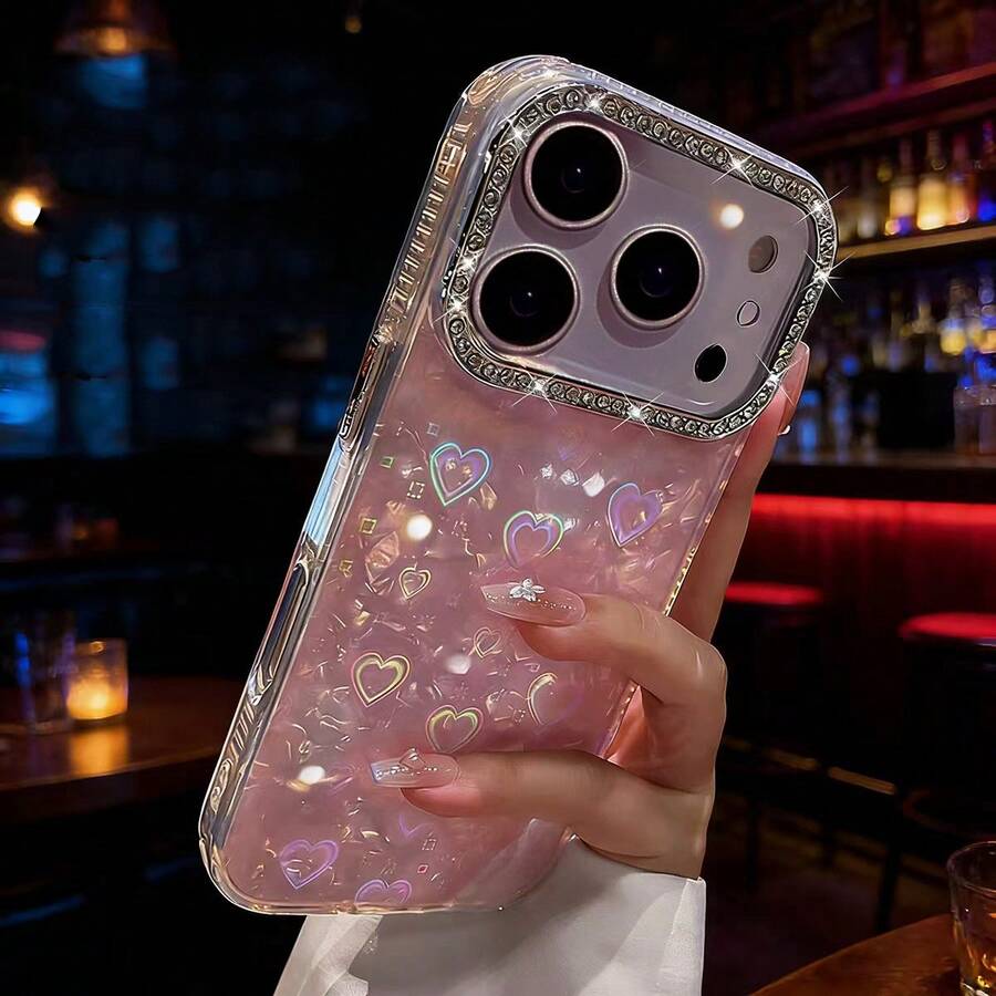Premium Rhinestone Decor Bright White Heart Phone Case Compatible With IPhone 17 Pro Max/17 Pro/17 Air/17/16 Pro Max/16/16 Pro/16 Plus/15/15 Pro Max/15 Pro/15 Plus/11/12/13/14 Pro Max/11 Pro/11 Pro Max/12 Pro/12 Pro Max/13 Pro/13 Pro Max/7 Plus/14 Pro/14 Pro Max/14 Plus Acrylic Material Hard Shell Minimalist Creative - Pink - View 1