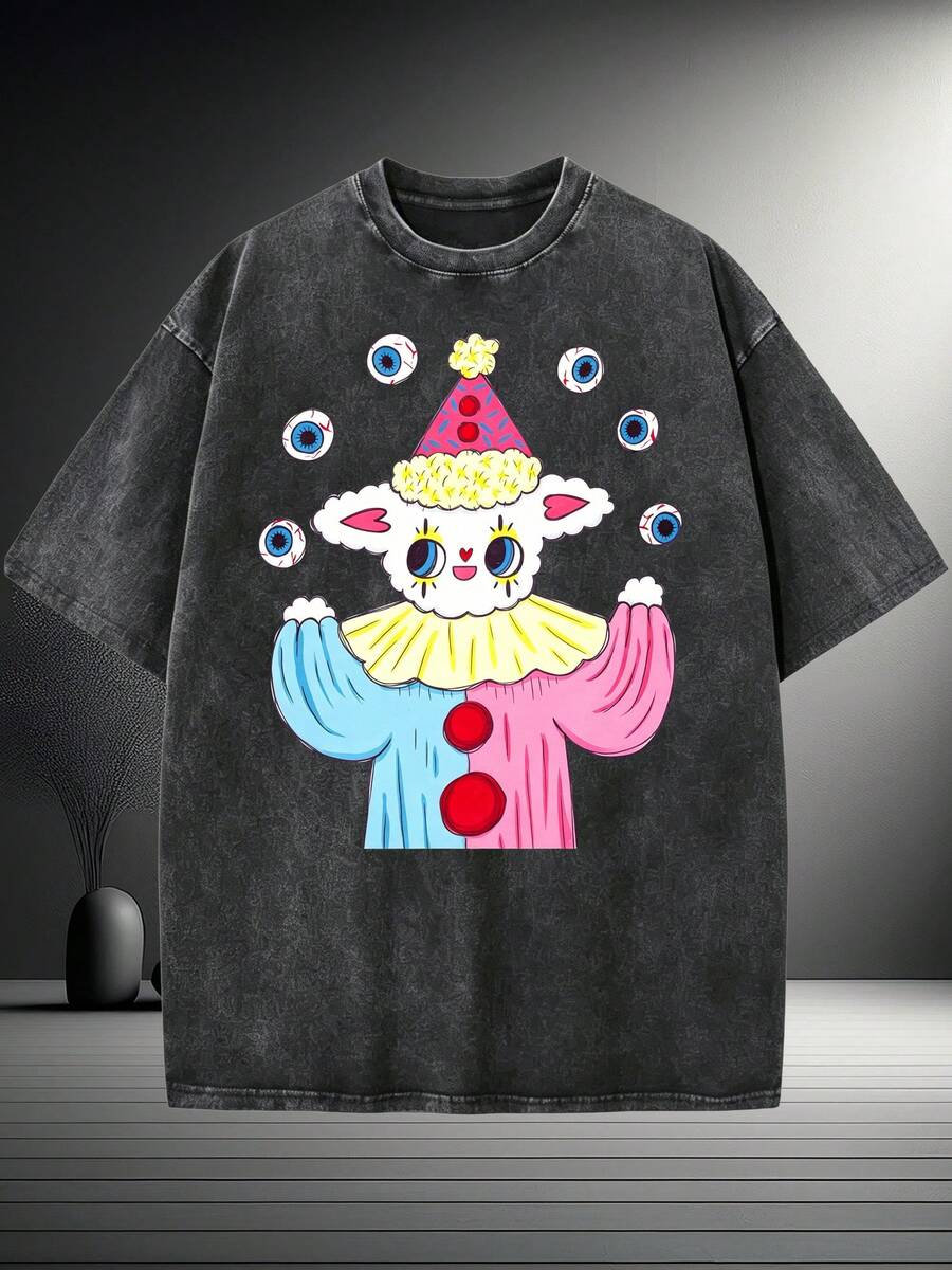 New Style Washed T-Shirt: Extravagant Juggling Sheep: Night Circus Edition -% Cotton, Comfortable Fashion Style - Black - View 1
