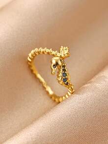 1pc Refreshing Ocean Style Rhinestone Seahorse Ring, 18K Gold Plated Open Band, Unique Design Accessory, Gift For Daily Wear And Commute - Multicolor - View 3