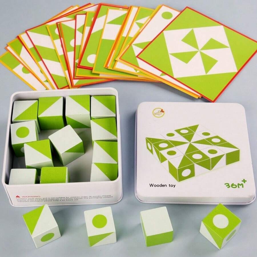 Kinder Holz Muster Würfel Puzzle Spielzeug, räumliches logisches Denkens Training Blöcke mit Fragekarten und Metall Aufbewahrungsbox, Baby Frühförderung pädagogisches Tischspiel, Konzentrationstraining Lehrmittel für Jungen und Mädchen ab 3 Jahren, Jungen Spiel, Mädchen Spiel, Kinder Spiel, geeignet als Weihnachts-, Oster-, Halloween- und Geburtstagsgeschenk