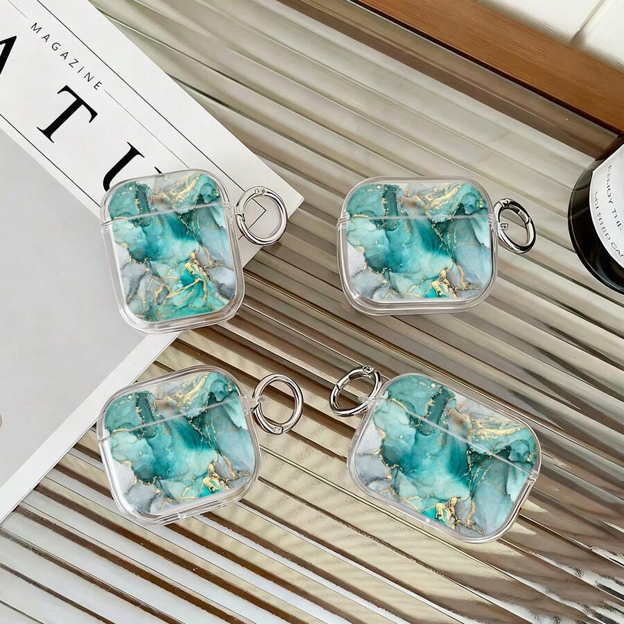 Jade Gold Marble Pattern Painted Transparent Additional Button Thickened Fashion Bluetooth Shockproof Earphone Case Suitable For S4 Protective Case Apple Wireless Bluetooth Earphone Shell Glossy Pro2 Full Coverage Pods31/2/3 Generation Protective Case Pro Shockproof Soft Shell - Multicolor - View 1