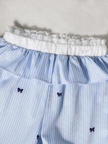 Baby Girl Autumn Color Block Elegant Fashion Blue & White Striped Lace Patchwork Wide Leg Long Pants Casual Vacation Basic Soft Comfortable Spring Pants - Baby Blue - View 3