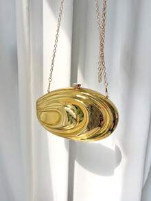 1 pieza Bolso de noche con rayas electrochapadas en oro 3D con cadena de metal, forma asimétrica, hombro/bandolera/clutch, diseño asimétrico, estilo de alta gama para vestido de noche de mujer, concierto y fiesta - Dorado - Ver 3