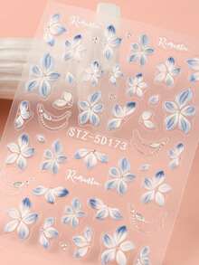 2pcs/Pack 5D Jelly Texture Hibiscus Petal Spring Nail Stickers, Embossed Blue & White 5-Petal Flower Line French Nail Art Decals, Soft Carving DIY Wedding Nail Supplies, Valentine's Day Nail Decoration - Multicolor - View 6