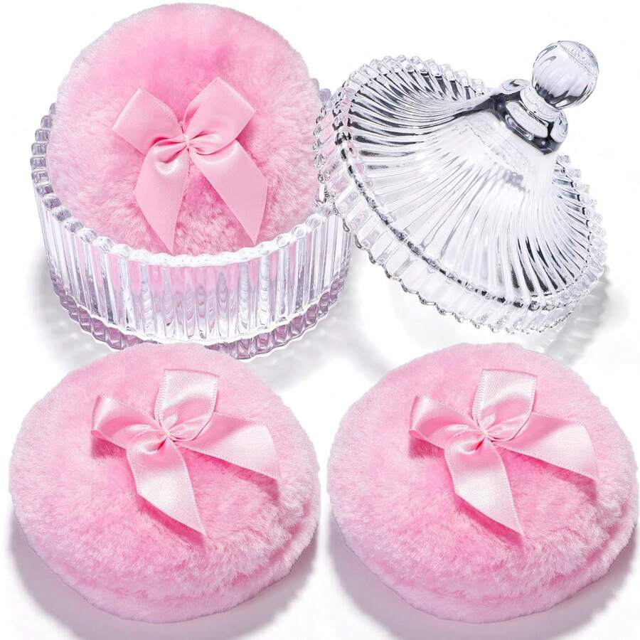 Teenitor 2pcs Soft Powder Puff And Container, Reusable Powder Puff Container With Puff, Glass Crystal Box For Soft Velvet Body Powder Puff Pink - Multicolor - View 1