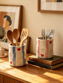 1pc Vintage Striped Ceramic Storage Jar, Multifunctional Kitchen Utensil Holder & Makeup Brush Organizer, Kitchen & Desk Aesthetic Home Decor - Multicolor - View 9