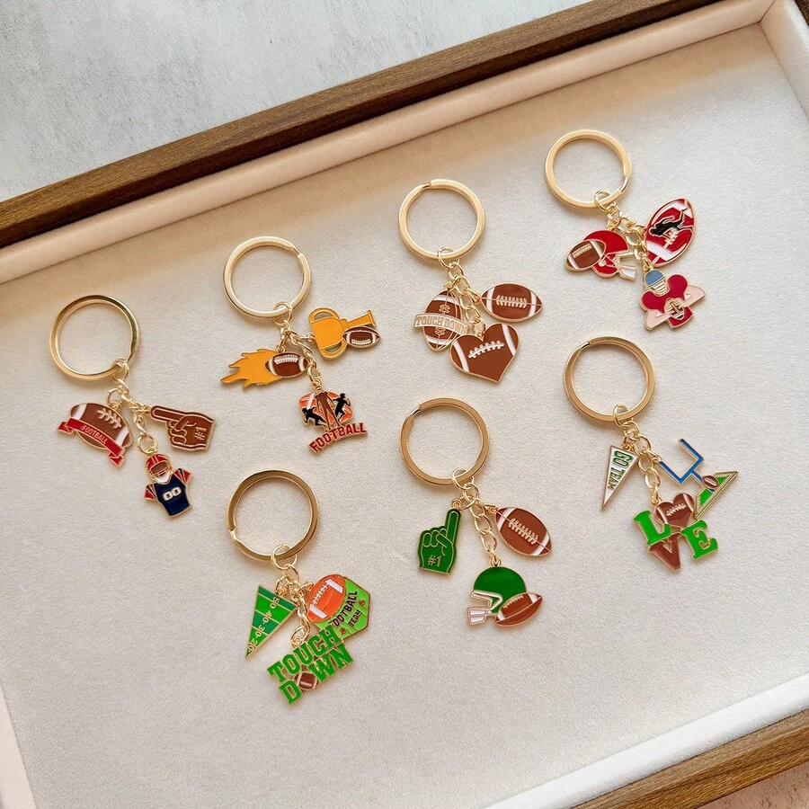 Football Helmet & LOVE Alloy Enamel Keychain, Rugby Fan Merchandise Gift, Drop Oil Sports Bag Charm - Style #1 - View 1