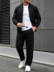 Men's Casual Lightweight Jacket And Pants Set, Suitable As Gift For Boyfriend, Husband, Father Sports - Black - View 2