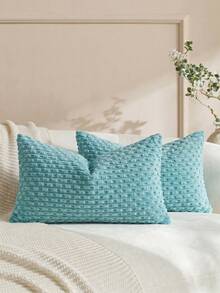 1pc/2pcs Bohemian Striped Throw Pillow Cover (Pillow Insert Not Included), Soft Plush Corduroy Solid Color Decorative Square Pillow Case, Suitable For Holiday, Sofa, Bedroom, Bed, All Seasons Use. - Mint Blue - View 5