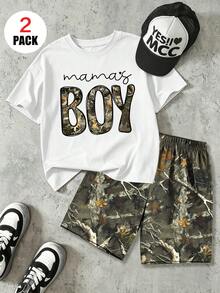 2件組男孩套裝，寬鬆上衣印有「Mama's BOY」圖案 + 全身乾葉印花短褲，舒適柔軟，適合夏季與運動 - 彩色 - 查看 2