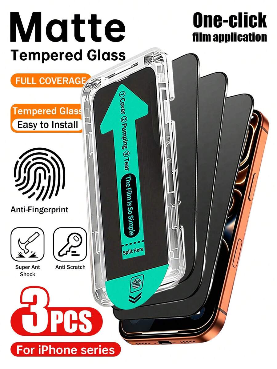 Yezodawee 3pcs Matte Privacy Screen Protector, With Auto-Installation Tool Kit, 9H Tempered Glass Privacy Screen Protector, Anti-Scratch, Anti-Fingerprint, Compatible With Phone Case, Dynamic Island Compatible, Full Coverage Screen Protector, With Dust Removal Tool Kit, Compatible With IPhone17/16/15/14/13/12/11/XS Max/XR Series - Black - View 1