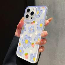 1pc Fashionable Light Purple & White Border Fresh Strawberry Purple Floral Pattern Transparent Phone Case, Glossy Painted Print, Smooth Surface, Compatible With IPhone 17 16 15 14 13 12 11 Pro Max/ S25 Ultra S24 Ultra S23 Ultra, Anti-Drop Anti-Fingerprint - Clear - View 2
