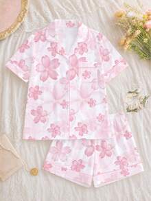 2pcs/Set Conjunto de pijama para mujer, estampado de pétalos florales, ropa de estar en casa para mujer, atuendo de vacaciones de primavera/verano, top de manga corta con solapa y pantalones cortos, se puede usar en el exterior - Rosa - Ver 1