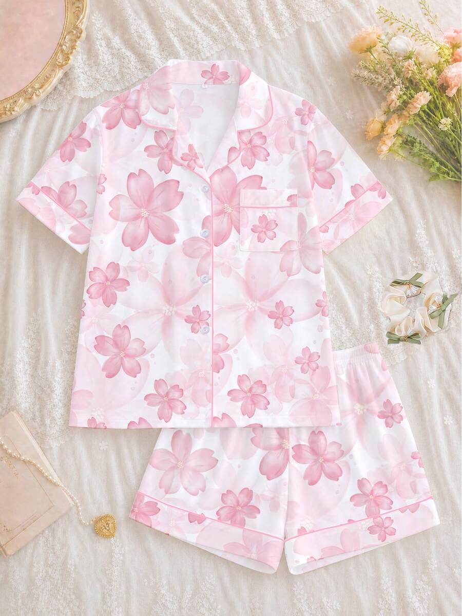 2pcs/Set Conjunto de pijama para mujer, estampado de pétalos florales, ropa de estar en casa para mujer, atuendo de vacaciones de primavera/verano, top de manga corta con solapa y pantalones cortos, se puede usar en el exterior - Rosa - Ver 1