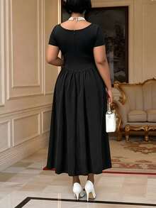 Women's Elegant Asymmetric Collar Fold Decor Short Sleeve Waist Flared A-Line Dress, Suitable For Dates, Work, And Commuting - Black - View 5