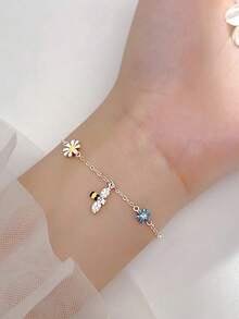 1pc S925 Sterling Silver Mori Style Minimalist Daisy & Bee Bracelet For Women, INS Style Niche Design, Versatile For Commute, Gentle Elegant, Adjustable, Exquisite Daily Accessory, Birthday Gift For Friends - Flowers - View 11