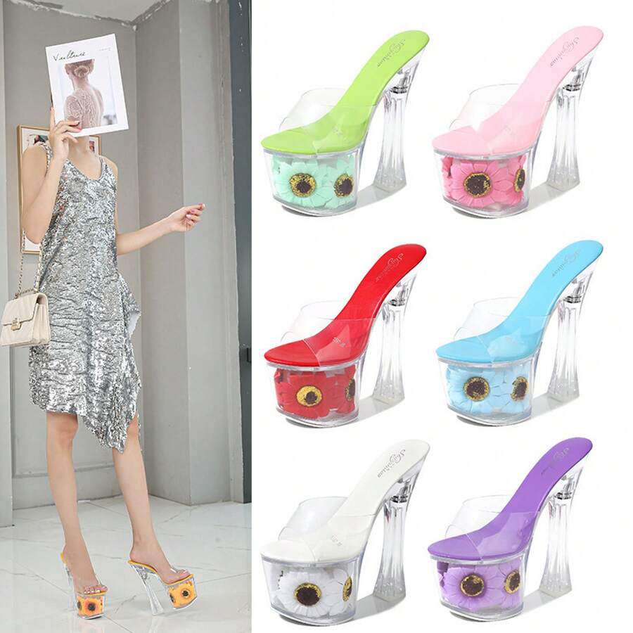 Floral-Filled Platform Sandals - Chic Transparent High-Heel Mules Available In Vibrant Multi-Colors For Summer Vacation & Kawaii Style - Red - View 1