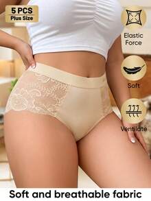 MEIYATING 5pcs Plus Size Women Mid-High Waist Lace Trim Semi-Sheer Sexy English Fashion Print Comfortable Lightweight Triangle Panties Summer - Multicolor - View 4