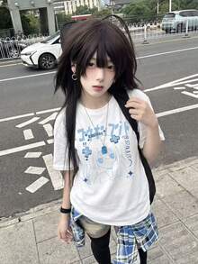 日系動漫藍色女孩印花女款寬鬆落肩純色短袖Y2K清新風白色T恤，女款寬鬆慵懶純色夏季T恤 - 白色 - 查看 6