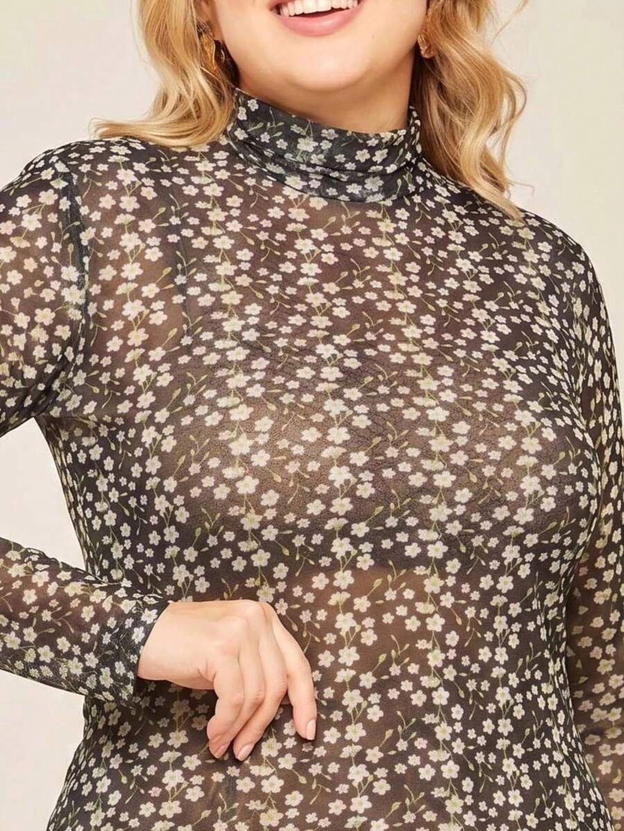 Blusa Manga Longa Tule Feminina Onça Poá Xadrez Transparente Segunda Pele Plus Size Moda Trend Blusa Manga Longa Tule Feminina Onça Poá Xadrez Transparente Segunda Pele Plus Size Moda Trend - FLORES - Visão 1