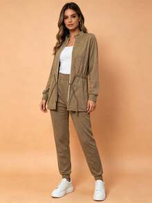 Women's Lisa Set, Stretchy Wool Fabric, Pants With Pockets. - Dark Khaki - View 2