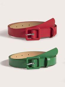Cinturón rosa simple con hebilla de PU pequeño y lindo para mujer - Verde + Rojo - Ver 14
