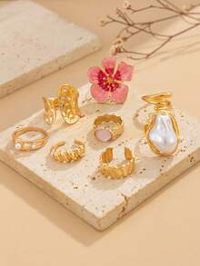 Juego de 8 anillos apilables de estilo bohemio en color dorado, decorados con flores rosas, perlas barrocas, diseños de conchas marinas y estrellas de mar, anillos de nudillo abiertos y ajustables, accesorios de playa de verano Y2K para mujer, adecuados para fiestas de vacaciones y uso diario - Dorado - Ver 11