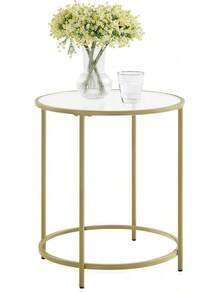 Round Side Table Tempered Glass With Steel Frame Metallic Gold Small Coffee Table For Living Room Bedroom Balcony Transparent End Table LGT20G - Tempered Glass - View 8
