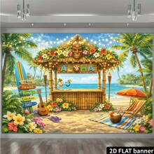 1 pieza Pancarta de fondo de bar Palapa de bambú Aloha de Hawái, palmeras tropicales, guirnalda de frangipani, imagen de fondo de tabla de surf, adecuada para fiestas de piscina de verano, cumpleaños con tema de isla, estilo tropical, etc. - A - Ver 5