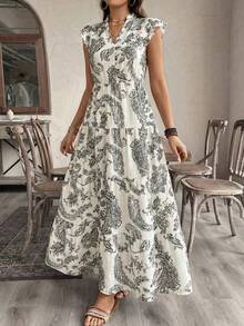 guang zhou mi qian shang mao  Vestido elegante de manga corta con estampado floral de anacardo de estilo bohemio para vacaciones, adecuado - Blanco y Negro - Ver 6