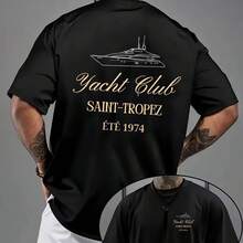 Unisex Saint-Tropez Yacht Club Print Oversized Drop Shoulder Print T-Shirt Casual Crew Neck, Summer Style - 款式 - 查看 1